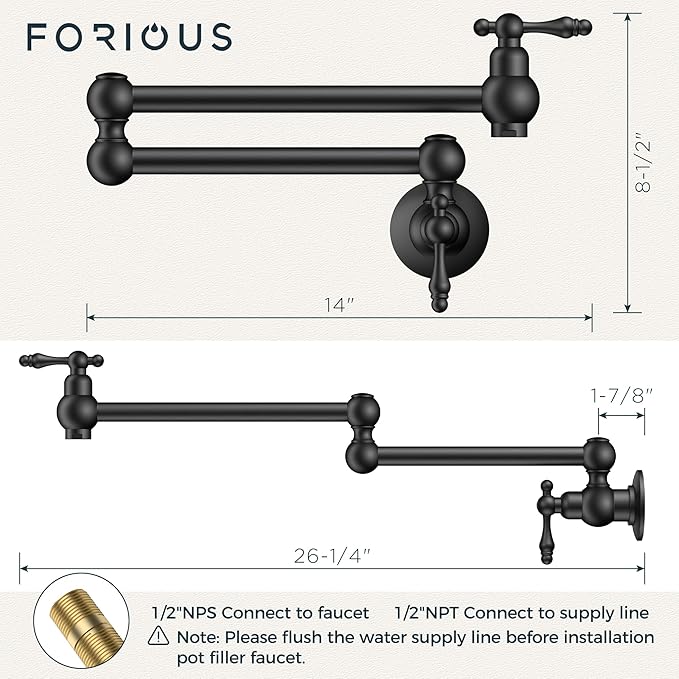 FORIOUS Pot Filler Faucet Matte Black, Folding Stretchable Solid Brass Wall Mount Commercial Traditional Faucet Over Stove with Antique Double Joint Swing Arm for Kitchen Restaurant Vintage