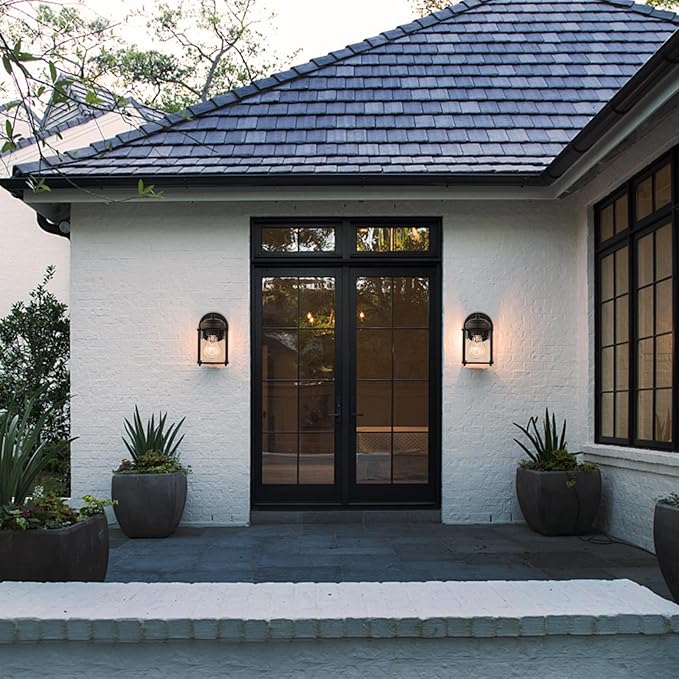Kalium Outdoor Porch Lights Sconce, Black Exterior Lighting Fixtures Waterproof, Wall Light Fixture with E26 Socket & Glass Shade, Modern Outdoor Lanterns for Patio Front Door