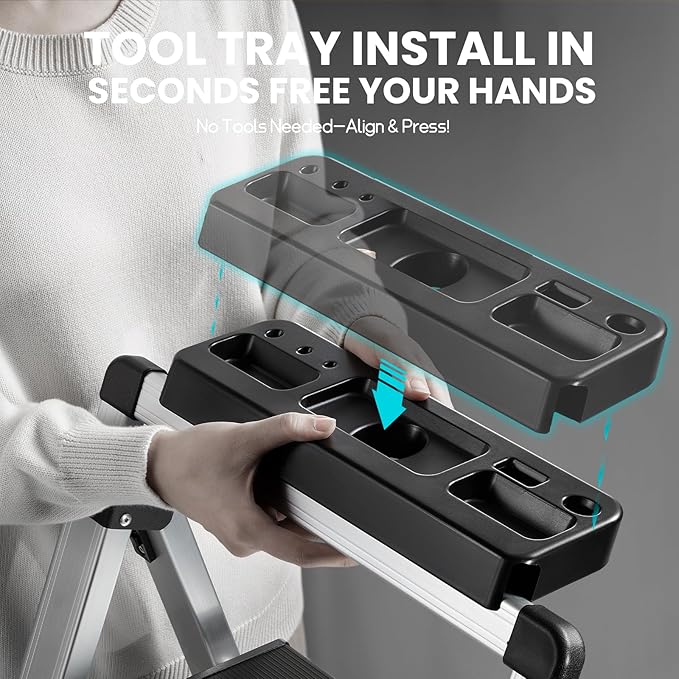 XinSunho 4 Step Ladder, Aluminum Folding Stool with Retractable Handrails & Tool Tray, Anti-Slip, Sturdy Lightweight, 330lbs Safety for Kitchen Indoor Outdoor