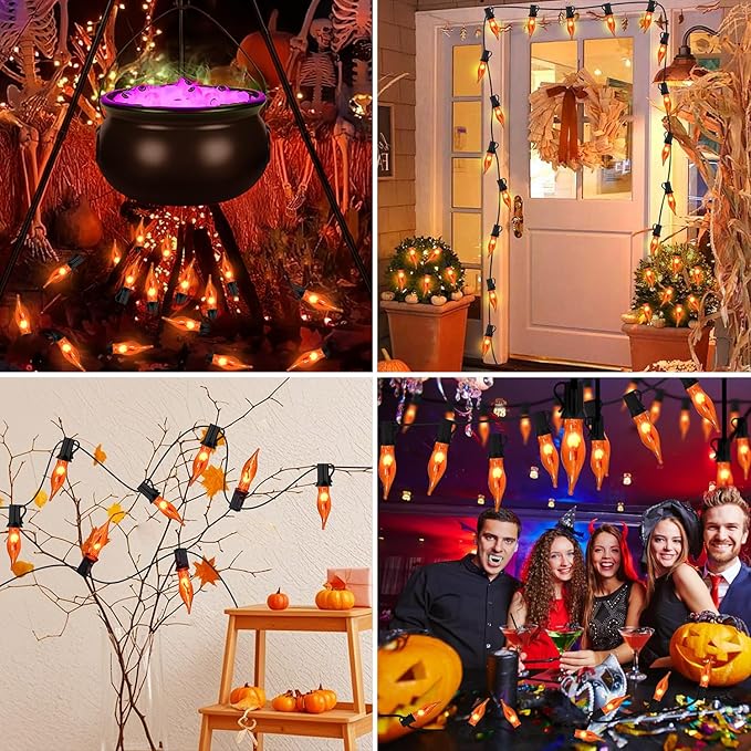 Flickering Flame String Lights Orange Halloween Lights with 10 Pack C7 Orange Flickering Light Bulbs, 12.8Ft Flame String Lights for Fall Decor Halloween Decorations for Home Party Yard Porch