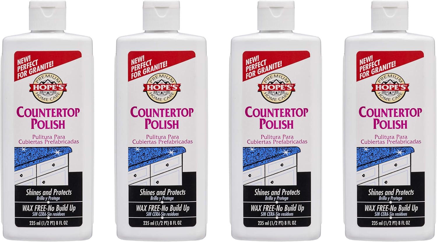 HOPE'S Countertop Restoration Polish, Streak-Free Kitchen Counter Cleaner, No Buildup on Countertops, Quartz, Marble, Corian, Composite, and Granite Polish, 8 Fl Oz, Pack of 4