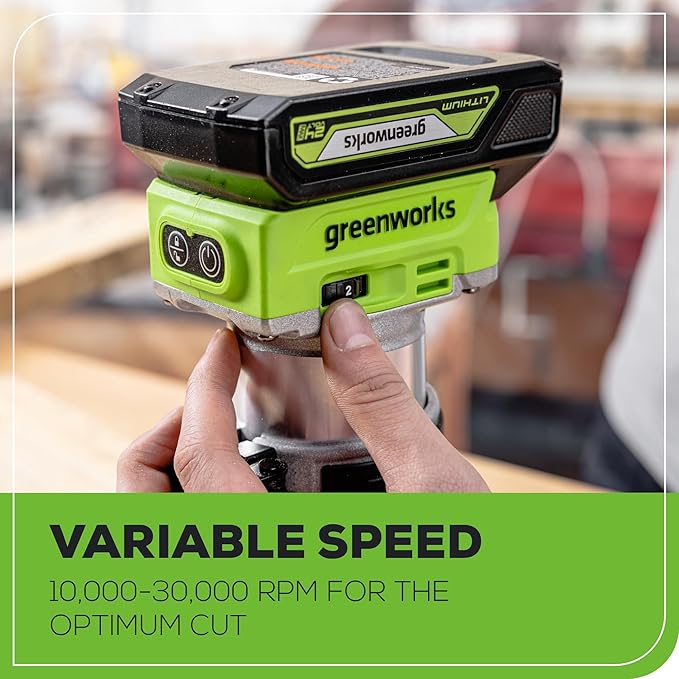 Greenworks 24V Cordless Trim Router, Variable Speed Brushless Motor Compact Palm Router with 2Ah Battery and Charger