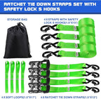 Ratchet Tie Down Straps Set Heavy Duty 4 Pack 15 FT 4400 LB 1.5 Inch Motorcycle Tie Down Strap for Cargo/Pickup Truck Bed Toolbox Accessories,Moving Stuff,Dirtbike,Roof Rack Tie Downs Kit Ropes-Green