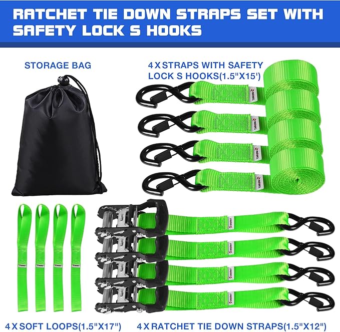 Ratchet Tie Down Straps Set Heavy Duty 4 Pack 15 FT 4400 LB 1.5 Inch Motorcycle Tie Down Strap for Cargo/Pickup Truck Bed Toolbox Accessories,Moving Stuff,Dirtbike,Roof Rack Tie Downs Kit Ropes-Green