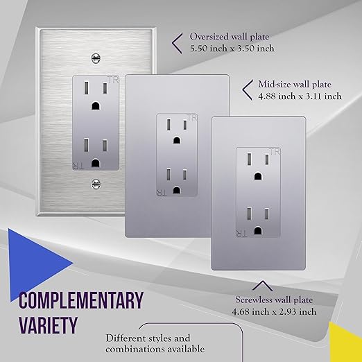 ENERLITES Elite Series Decorator Receptacle, Child Safe Tamper-Resistant Outlet, Self-Grounding, Residential Grade, 15A 125V, UL Listed, 61501-TR-SVWP, Silver with Wall Plate