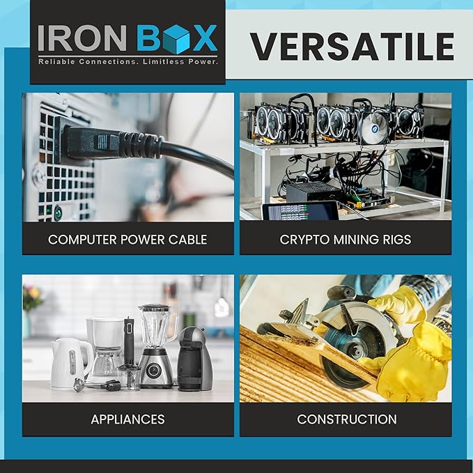 IronBox Electric - Heavy-Duty 5-15P to C13 Power Cord - 3 Prong 15A 125V 14/3 SJT PC Cable - Cord for Computer, Monitor, Subwoofer, Amplifier - Cable for Power Supply - (Blue 2 Foot)