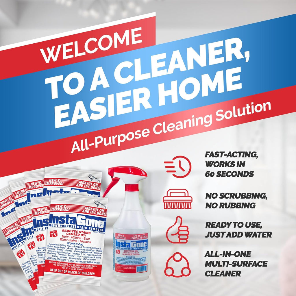 Stain Remover - 8 REFILL Pack + 24oz Spray Bottle - Just Add Water - Indoor/Outdoor Ceiling, Wall, Bathroom, Roof, PVC Fence, Patio Furniture & More