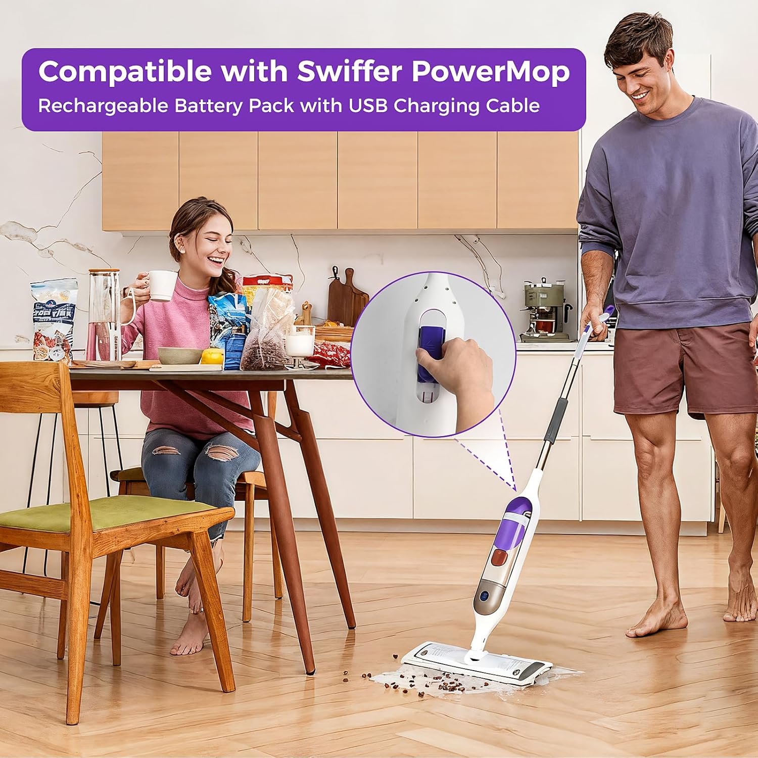 1 Pcs Rechargeable Battery Pack Replacement for Swiffer PowerMop, 500 Charge Cycles, 3.7V / 2.0Ah Lithium Ion Battery Contained in Removable Battery Holder (Type-C Port) with one USB Cable