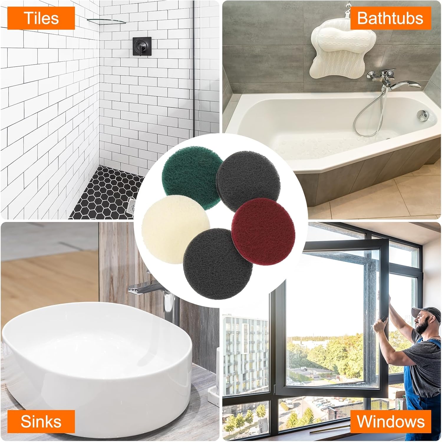 HARFINGTON 4pcs Scrubber Scouring Pads 180 400 800 1200 Grits 5 Inch Drill Power Brush Hoop and Loop Surface Conditioning Disc Drill Scuffing Disc Scrub Pads for Kitchen Cleaning, 4 Colors