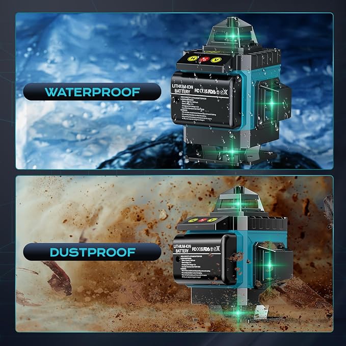 16 Line Laser Level 360 Self Leveling, 4x360°Professional 4D Green Cross Line laser Level with 2 Batteries, Adjustable Brightness & Remote Control, for Tiling Floor Construction and Picture Hanging