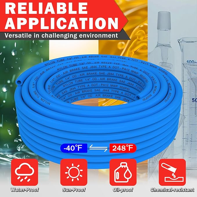 CheeMuii 76 PCS Brass DOT Air Line Fittings with 100FT 1/4" and 50FT 3/8" Blue DOT Air Lines Kit Push Lock Air Line Quick Connect Fittings with Pneumatic Tubing Set