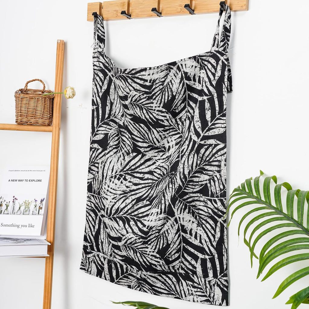 Linen Hanging Laundry Bag, 100% Linen Leaf Print Over The Door Laundry Hamper with Buttons and Zipper, Space Saving Door Hampers for Laundry Dirty Clothes Home Travel, Black, 19.7x27.5inches