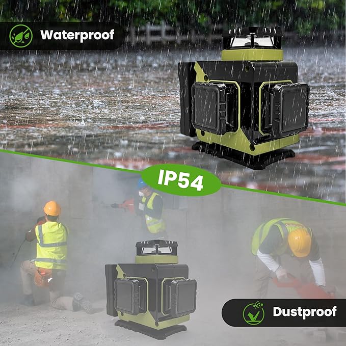 Laser Level 360 Self Leveling, 3x360° 3D Green Line Laser Level for Picture Hanging, Rechargeable Lazer Level with Type-C Charger, 2 * 3600mAh Batteries, Magnetic Rotating Stand and Hard Case