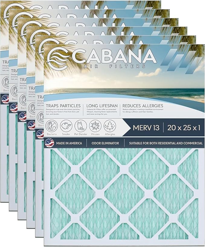 Cabana Filters 6-Pack 20x25x1 MERV 13 AC Furnace Air Filter for Home and Office - Indoor HVAC System Filtration Replacement, Captures Unwanted Particles