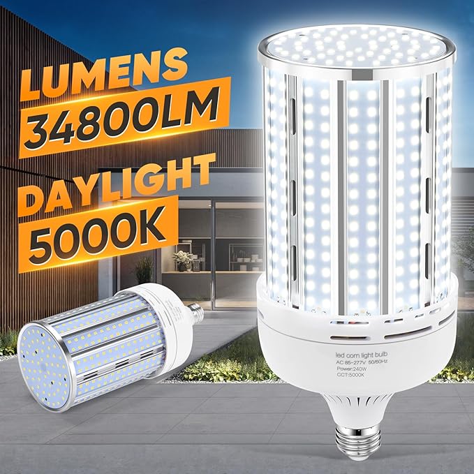 2 Pack 240W Corn LED Light Bulb Fanless,5000K Daylight(2400 Watt Equivalent) E26/E39 Large Mogul Base LED Cob Lamp 34,800LM for Outdoor Indoor Garage Warehouse Factory Workshop Street Backyard
