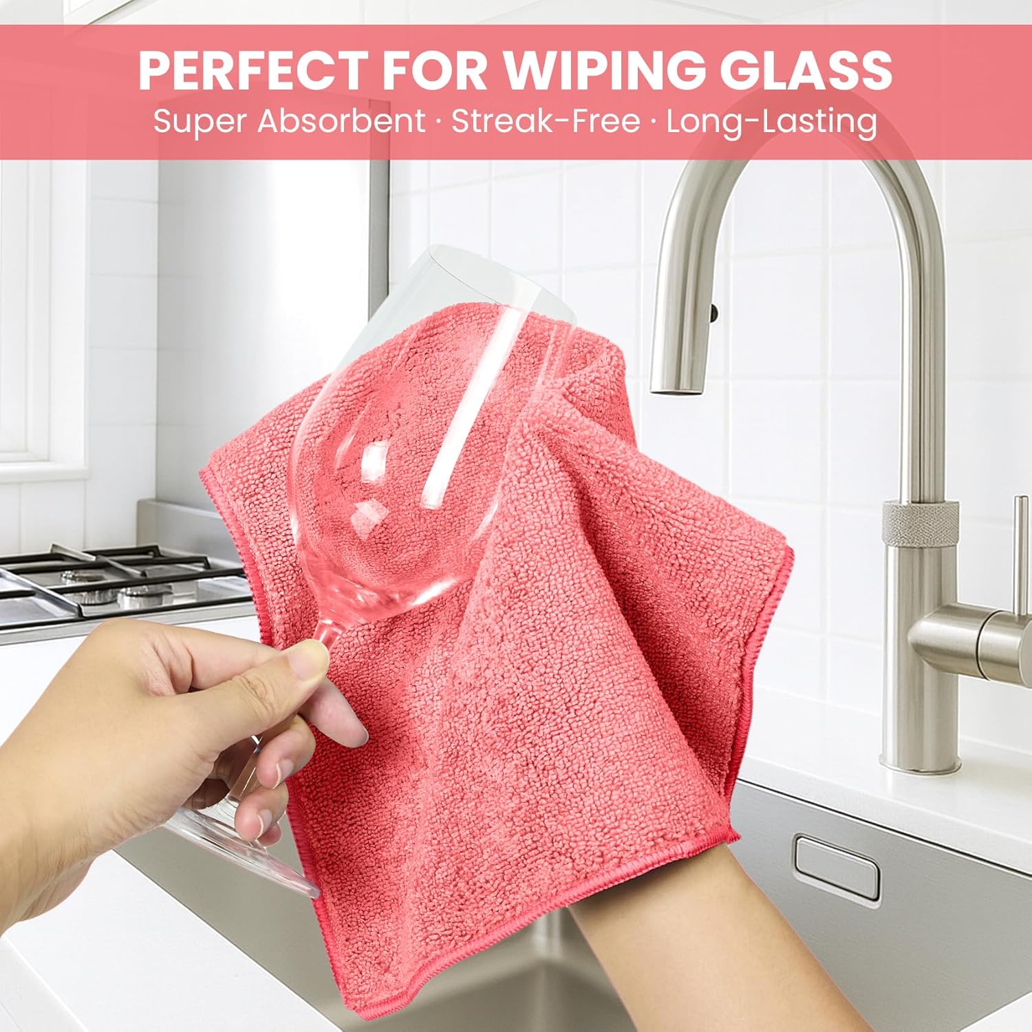 Microfiber Cleaning Cloth, 12 Pack Pink Cleaning Rags for Housekeeping, Reusable Microfiber Towels for Car, Kitchen, Bathroom and Household Cleaning Supplies, 11.8"X11.8"