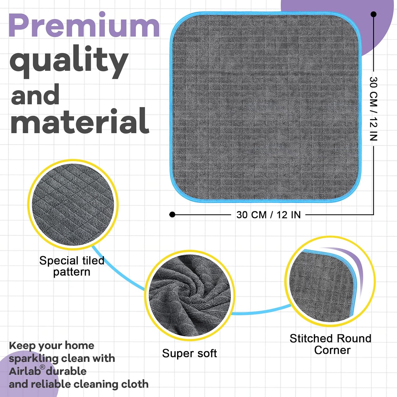 Airlab Microfiber Cleaning Cloth for Household Dust Rags for Cleaning All-Purpose Towels Streak Free Kitchen Dishes Reusable Pack of 6, 12" x 12"