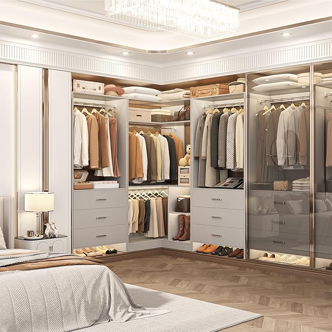 Aheaplus Closet System Closet Organizer, Wood Closet Organizer System, Walk-in Closet or Small Closets Wardrobe, Clothes Rack with Hanging Rods, 4FT Closets, Set of 2, , Grey