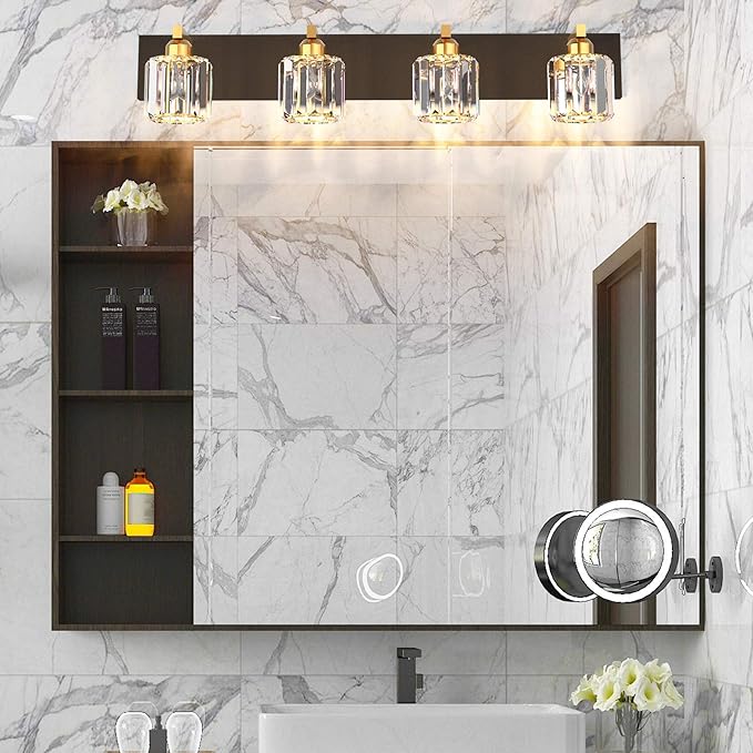 Aipsun Crystal Bathroom Vanity Lighting Black Vanity Light Fixtures Modern Vanity Light for Bathroom 4 Lights(Exclude Bulb)