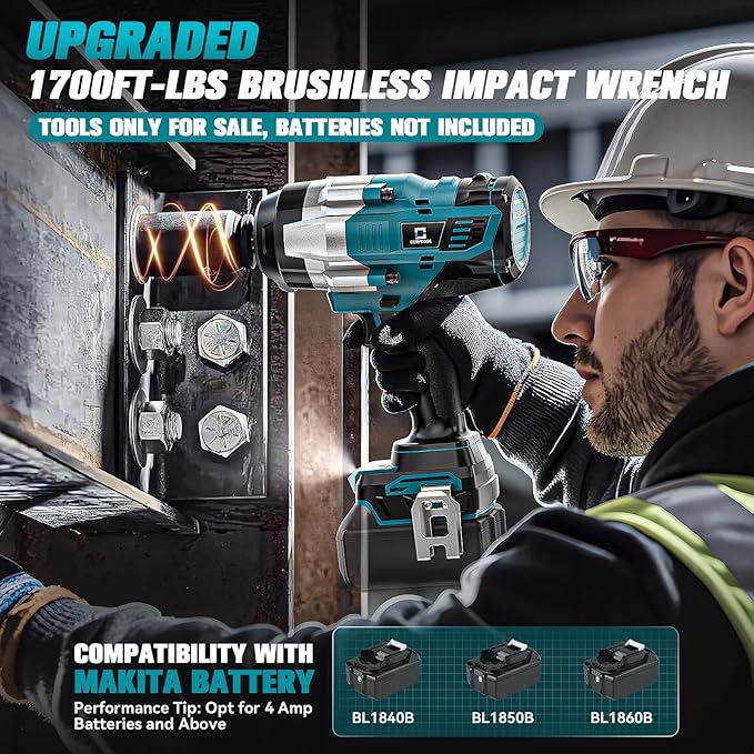 Cordless Impact Wrench 1/2 inch Compatible with Makita Battery: 1700FT-LBS High Torque Impact Wrench Heavy Duty Tool - Brushless Electric Impact Gun Includes LED Work Light - Bare Tool Only
