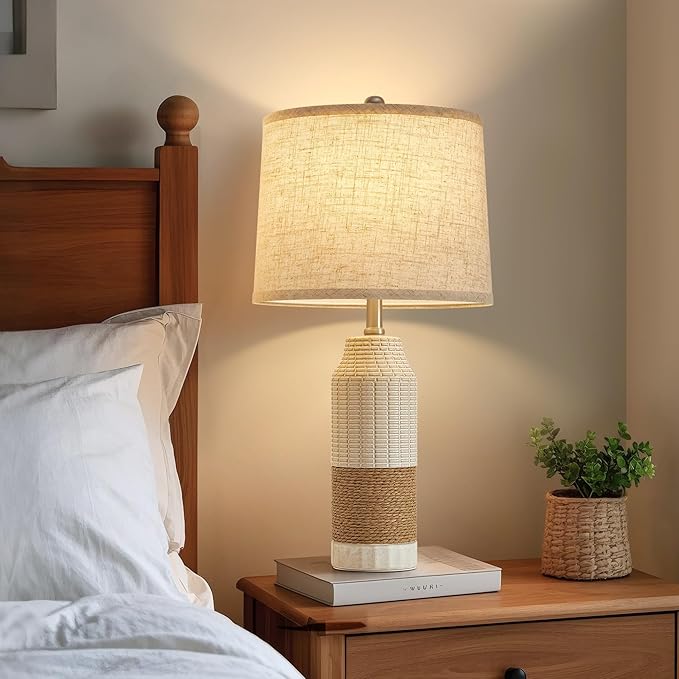 GyroVu Boho Rattan Table Lamps Set of 2, 3 Color Temperature Bedside Table Lamps for Night Stands, Vintage Farmhouse Rattan Table Lamp Antique for Decoration, Bedroom, Living Room, Bedside Table