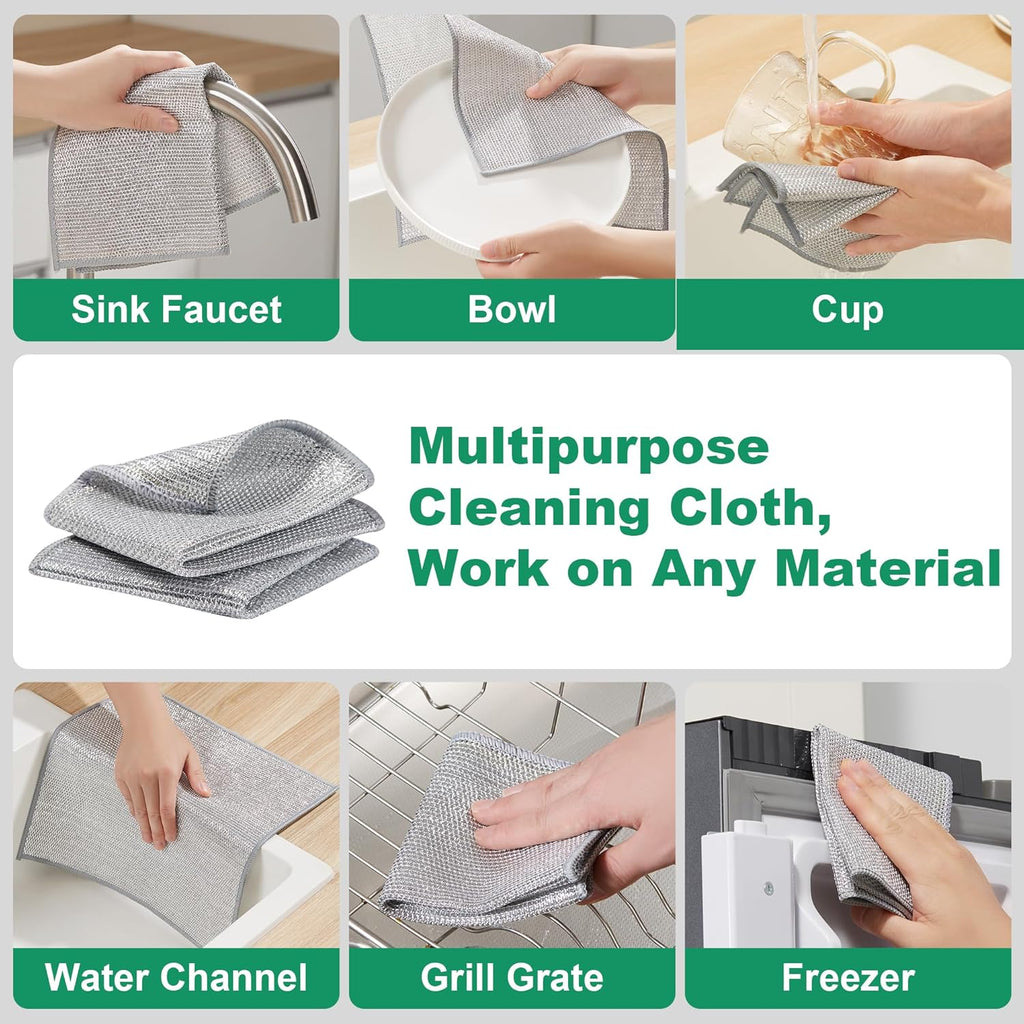 JOYMOOP Multipurpose Non-Scratch Silver Fiber Dishwashing Cloths, Reusable Cleaning Rags, Scrubbing Pads for Dishes, Glass, Stainless Steel - 5 Pack