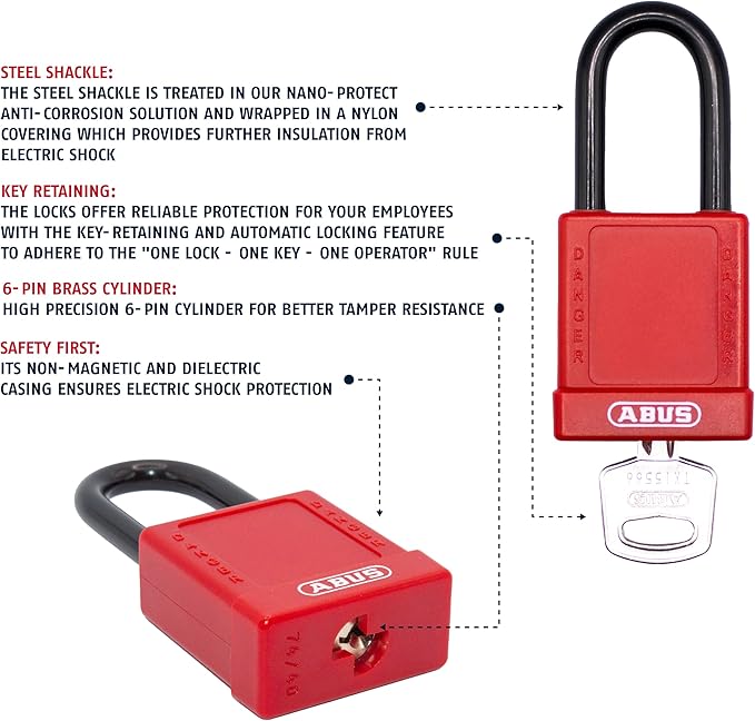ABUS Red Pack of 10 Lockout Tagout Premium Solid Body Safety Padlock Set - OSHA Compliant Loto Locks Insulated Against Electric Shock, Keyed Different, 1 Key Per Lock