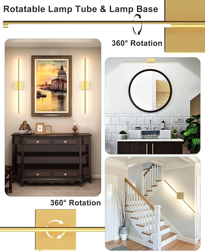 Battery Operated Wall Sconce Set of Two: Wireless Rechargeable Wall Lights with Touch and Remote Control, 360°Rotatable 4CCT Dimmable Cordless Sconces Decor Gold Scone for TV Wall Bedroom Hallway