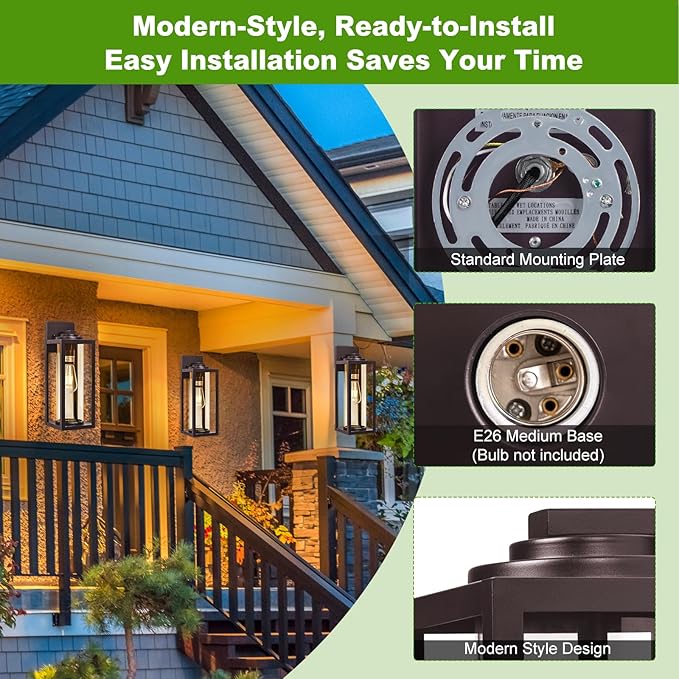 20inch Large Outdoor Wall Lights 2 Packs - Oil Rubbed Bronze Exterior Light Fixture with Clear Glass Shade, Waterproof Porch Lighting for House, Farmhouse Sconces Lantern for Front Door, Garage