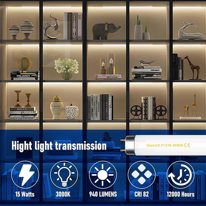 15W 18" T8 Fluorescent Linear Tube Bulb F15T8/WW Warm White Light 3000K Medium Bi-Pin G13 Base 6 Pack