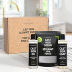 CARON & DOUCET – New Ultimate Cast Iron Set: Seasoning Oil, Cleaning Soap & Restoring Scrub | 100% Plant-Based & Best for Cleaning Care, Washing, Restoring & Seasoning Skillets, Pans & Grills!