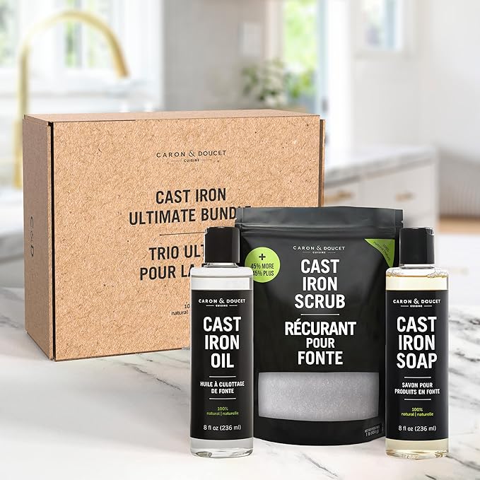 CARON & DOUCET – New Ultimate Cast Iron Set: Seasoning Oil, Cleaning Soap & Restoring Scrub | 100% Plant-Based & Best for Cleaning Care, Washing, Restoring & Seasoning Skillets, Pans & Grills!