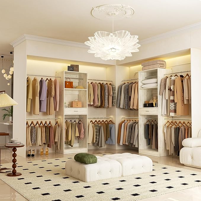 Unikito 96” Closet System, 8FT Walk in Closets Organizer Kit with 4 Extendable Hanging Rods and Drawer, Adjustable Wood Garment Rack, Sturdy Closet Insert, Easy Assembly, Max Load 1000 LBS, White Oak