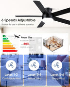 52 Inch Black Ceiling Fan With Lights Flush Mount Dimmable 3 Color Temperatures LED Remote Control 6 Speed Reversible DC Motor 5 Blades Modern Ceiling Fan Design for Indoor or Covered Outdoor