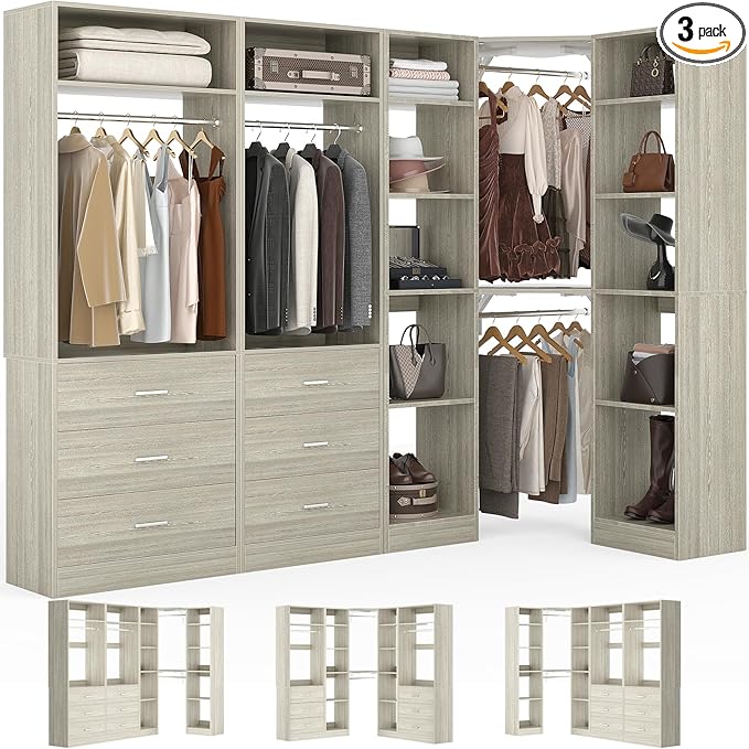 Corner Closet System with 6 Drawers, Closet Organizer System with 14 Shelves & 4 Hanging Rods, 87.2"L * 39.2"W / 63.2"L * 63.2"W Reversible L Shaped Walk-in Closets, Load 2500+LBS, White Oak