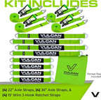 Vulcan Complete Axle Tie Down Kit - High-Viz - Includes 4x 22" & 36" Axle Straps, 4x 15' Wire J Hook Ratchet Straps