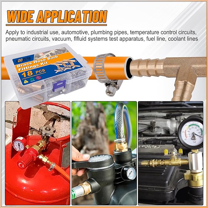 KOOTANS 18PCS Brass Hose Barb Fittings Barb Tee T-Fitting 3 Way Union Kit 1/8″ 3/16" 1/4" 5/16" 3/8" 1/2" Barbed Air Hose Fittings with 30pcs Pipe Clamps for Water Fuel Air Line Connector Fitting