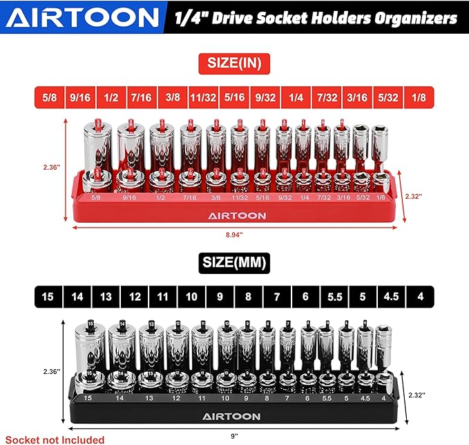 AIRTOON 8-Piece Socket Organizer Trays, SAE and Metric Socket Tray Set, 1/4", 3/8", and 1/2" Drive Deep and Standard Socket Holders Organizers for Toolbox, Black & Red