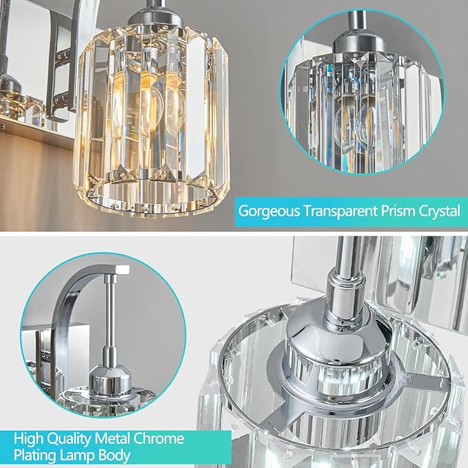 Bathroom Crystal Vanity Lights 2-Light Chrome Wall Lamp Modern Crystal Bathroom Light Fixtures Over Mirror 13.77" Long Wall Sconce