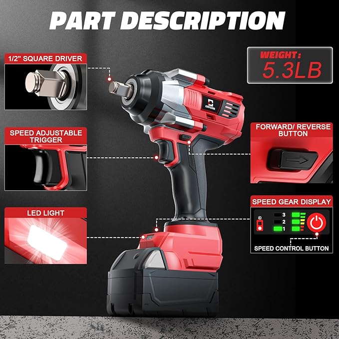 Cordless Impact Wrench 1/2 inch Compatible with Milwaukee 18v Battery Brushless High Torque Impact Driver Gun with 1000 Ft-lbs Torque, LED Work Light, Ergonomic Design Heavy-Duty