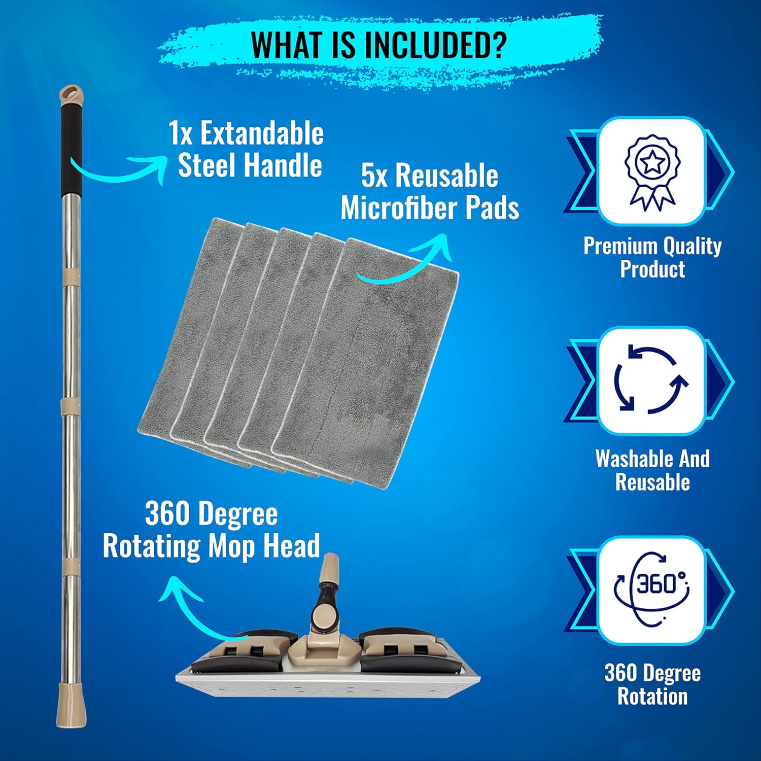 MAYSHINE Microfiber Hardwood Floor Wet and Dry Dust Mop w/ 5 Reusable Pads, 360 Spin Mop System | Use on Wood, Tile, Laminate, Vinyl and More | Flat Mop with 60" Extendable Stainless Steel Handle