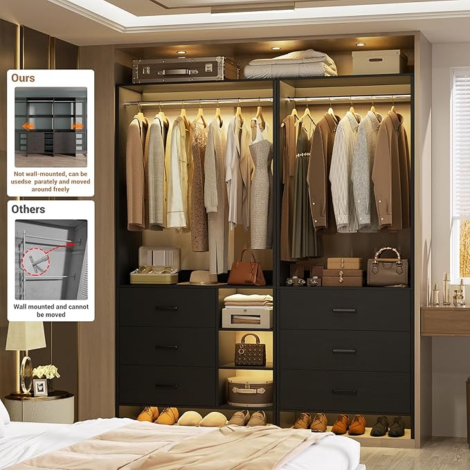 Aheaplus Closet System with 6 Drawers, 4.5ft Wood Closet Organizer System, Walk-in Closet or Small Closets Wardrobe, Clothes Rack with Hanging Rods, Set of 2 Black