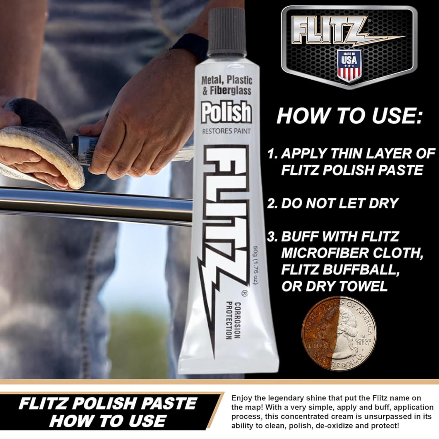 Flitz Multi-Purpose Metal Polish Paste - 1.76oz Tube of USA-Made Chrome Polish - Works on Stainless Steel, Aluminum, Plastic, Jewelry and Cars - Non-Abrasive Cleaner & Rust Remover (1 Pack)