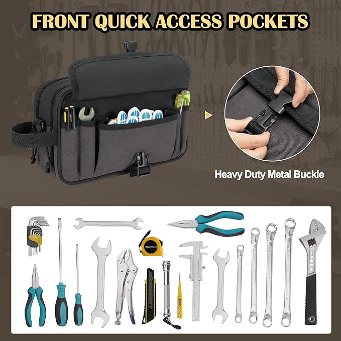 Small Canvas Tool Pouch with Zipper, 12 Inch Tool Organizer Bag, Double Layer Utility Storage Bag with Shoulder Strap for Electrician, Black/Gray (Empty Bag)