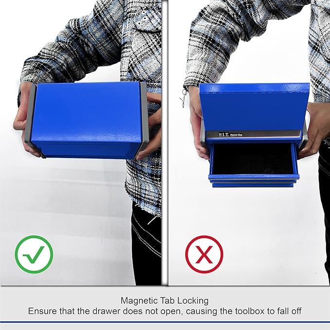 P.I.T. Mini Blue Tool Box, Portable 3 Drawer Steel Stackable Tool Box with Magnetic Tab Locking, Blue Micro Top Chest with Liner for Tools Storage and Organizers, Home DIY