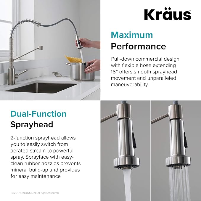 KRAUS Bolden Commercial Style 2-Function Single Handle Pull Down Kitchen Faucet in Spot-Free Stainless Steel, KPF-1610SFS