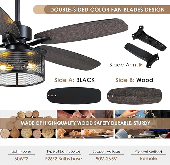 48" Black Farmhouse Ceiling Fan with Light and Remote, Industrial Cage Design, Rustic Flush Mount for Bedroom Living Room, E26 Base, DC Motor, 6-Speed Reversible with Timer, Dual Blades