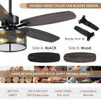 48" Black Farmhouse Ceiling Fan with Light and Remote, Industrial Cage Design, Rustic Flush Mount for Bedroom Living Room, E26 Base, DC Motor, 6-Speed Reversible with Timer, Dual Blades