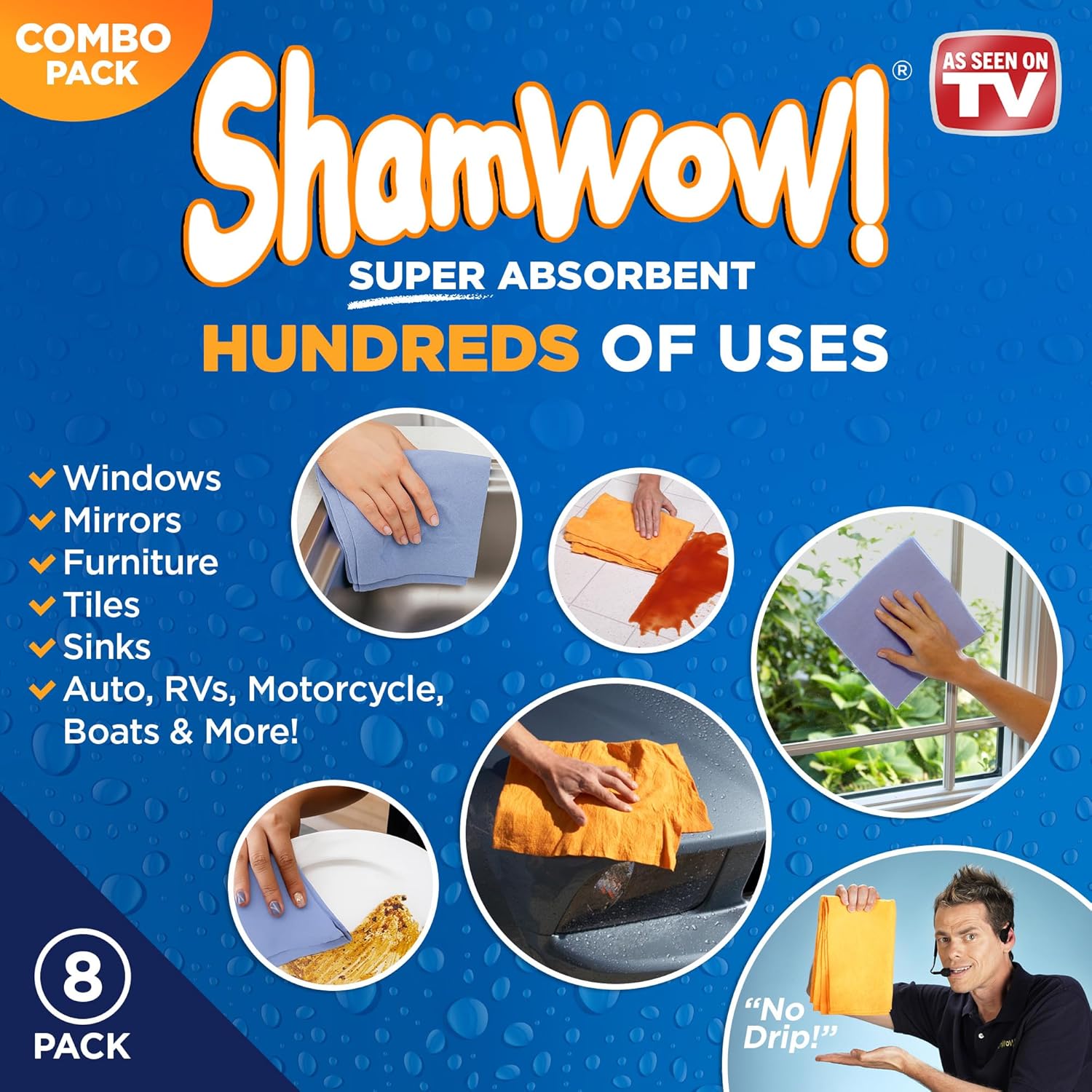 Original Shamwow - Super Absorbent Multi-Purpose Cleaning Shammy Chamois Towel Cloth - Holds 10X its Weight in Liquid - Machine Washable - Will Not Scratch (8 Pack, Orange)