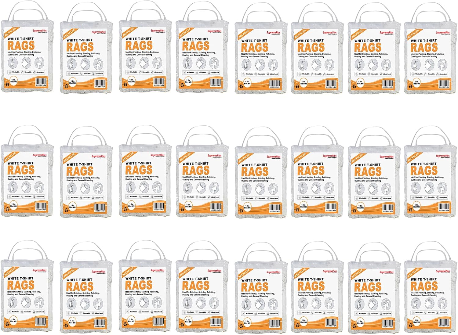Recycled White T-Shirt Cleaning Rags (1 lb. Bag - Pack of 24) – Shop Rags Bulk for Oil, Stain, Grease, Paint, and Auto Cleaning, Multipurpose